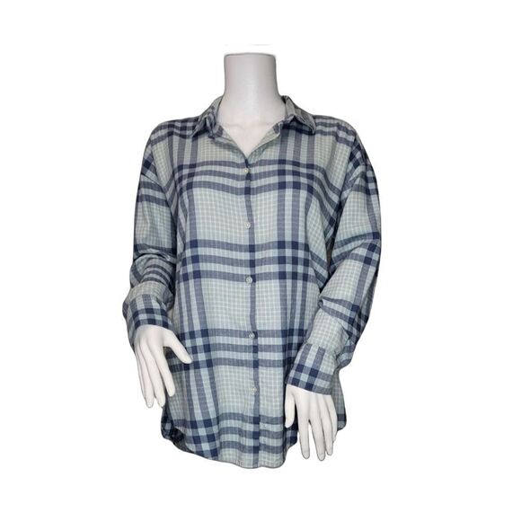 Loft Plaid Lightweight Flannel Shirt Button Blue Cream Women's M - Picture 1 of 7